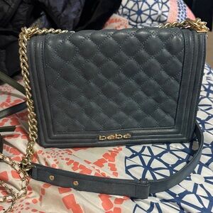 Bebe Quilted Crossbody Bag in Black with Gold Accents